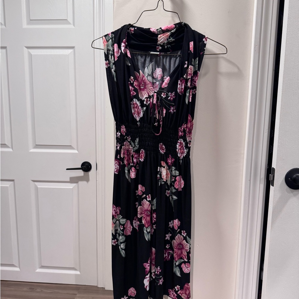 Women’s Black Floral Midi Dress – Smocked Waist, Size S/M